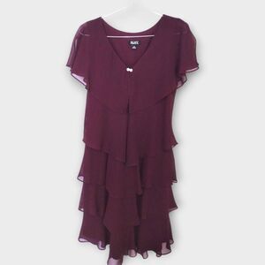 SLNY Womens Dress Sz 12 Burgundy Chiffon Tiers 20s Style Brooch Glamcore Royalty